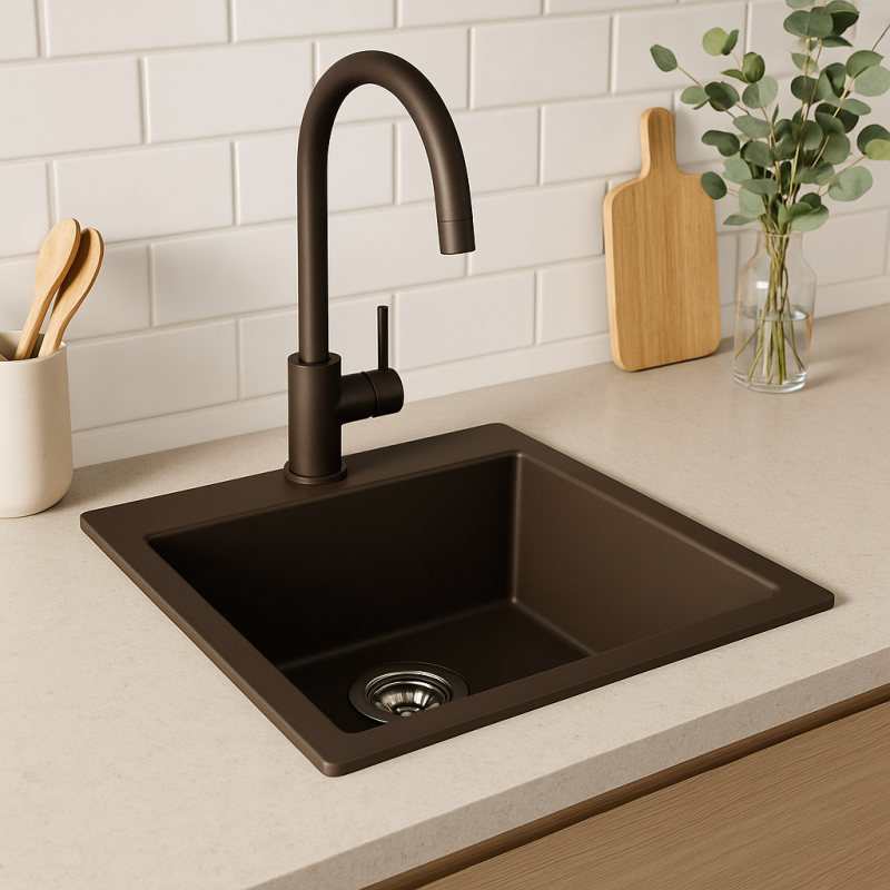 GraniteMy Universal granieten café spoelbak 40x40 cm opbouw, onderbouw en vlakinbouw met rvs plug 1208967212